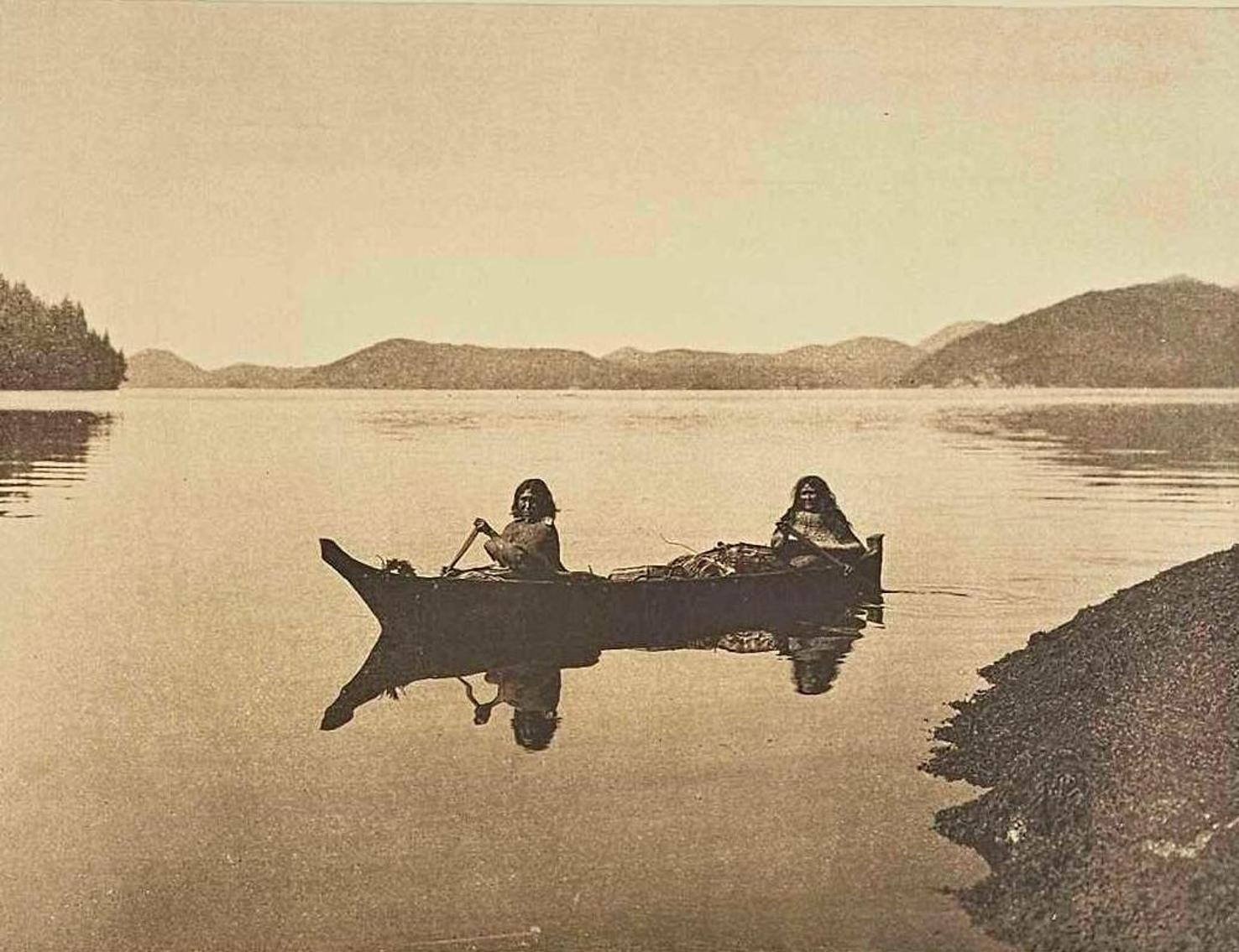 Artwork by Edward S. Curtis, Canoeing on Clayoquot Sound, Made of hand-pulled brown-ink photogravure
