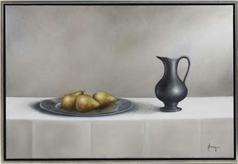 Opstilling med kande og fad med pærer - Mathilde Fenger