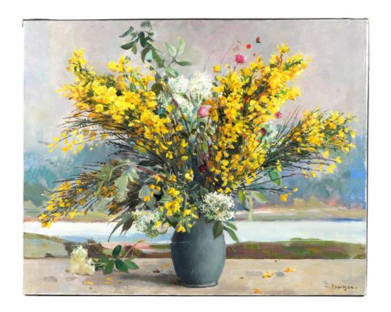 Maurice Ehlinger | Outdoor still life of flowers in a vase | MutualArt