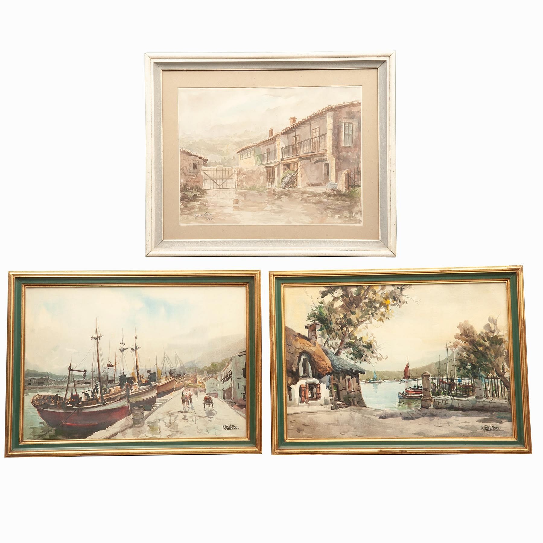 Artwork by Julio Sanz, Manuel Vi­cente Mora, Vista de fachada, Puerto con velero y Vista con velero, Made of watercolor on paper