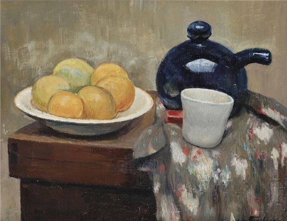 Still life with fruits and a dark blue teapot by Carl Fischer