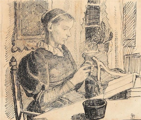 Fritz Syberg | Anna Syberg with her knitting | MutualArt