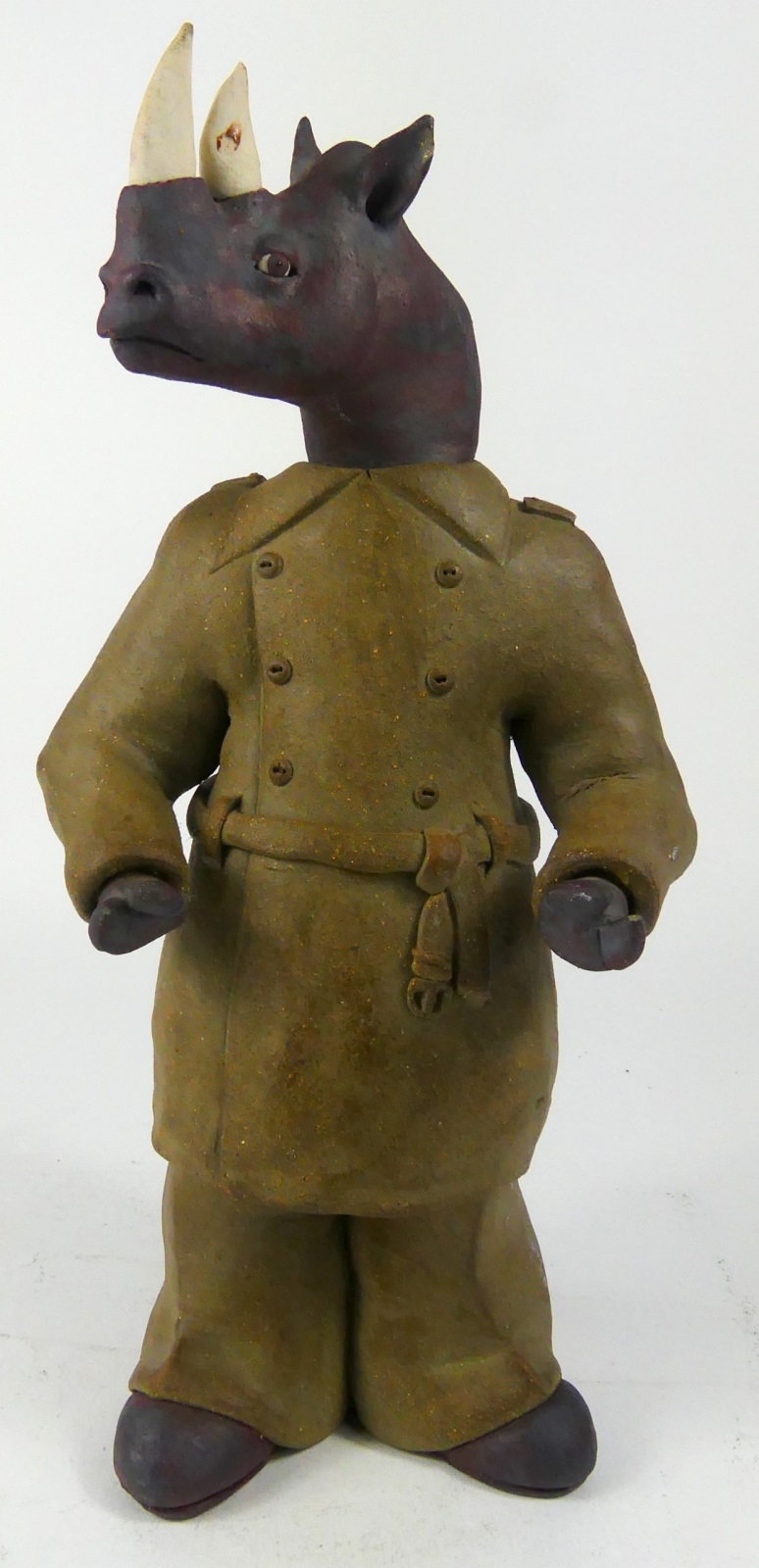 Artwork by R. Hutchinson, R HUTCHINSON RHINOCEROS POTTERY FIGURE, Made of pottery sculpture