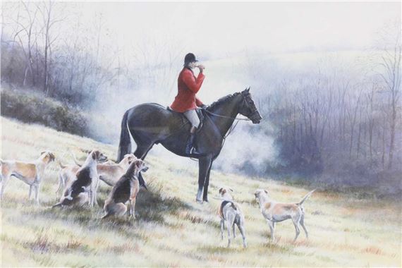 Master of the hunt with hounds on a frosty morning - Caroline Cook