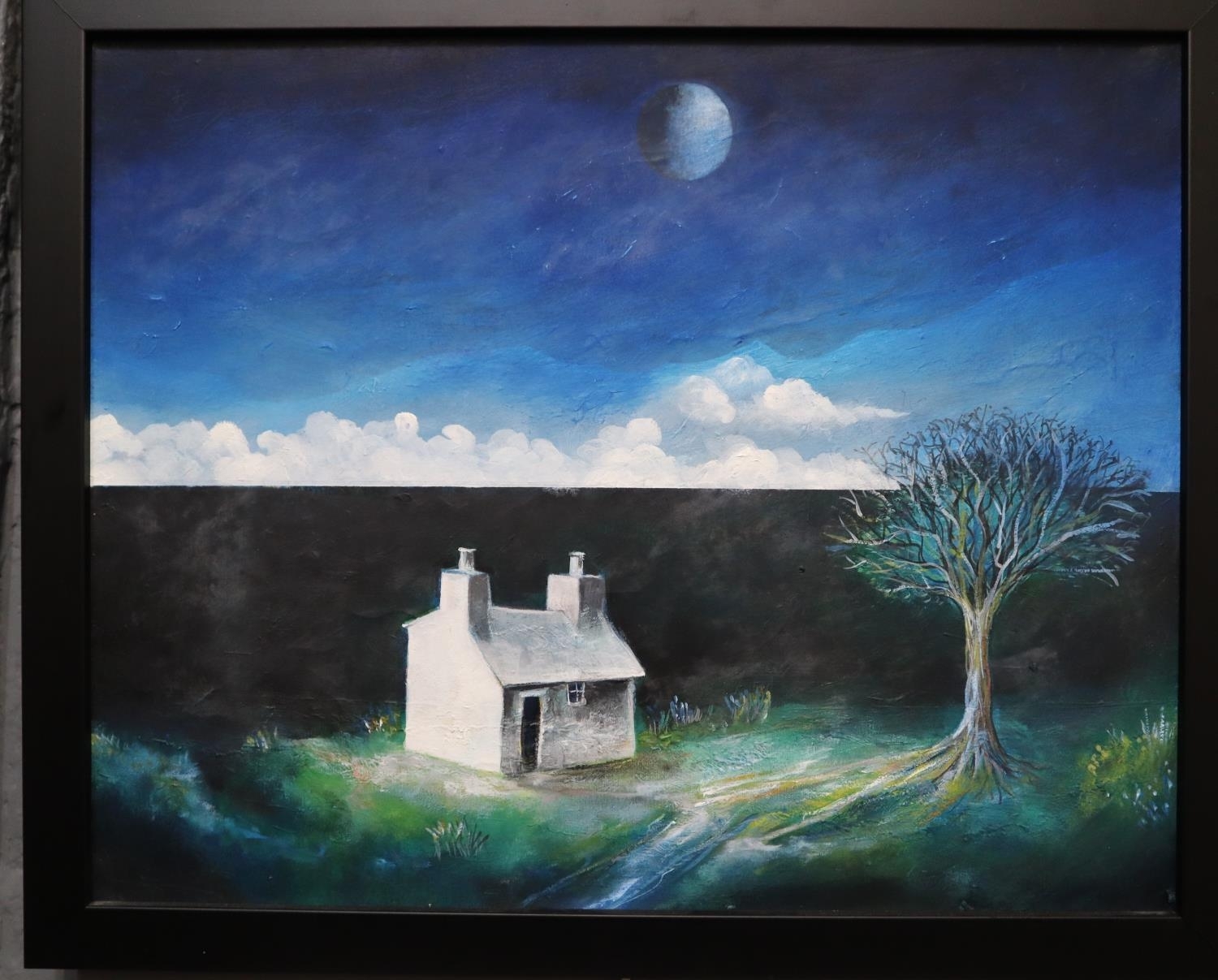 Artwork by Raul Speek, Pembrokeshire cottage in an expansive landscape with full moon. Oils on canvas. 40x50cm approx. Framed. (B.P. 21% + VAT), Made of Oils on canvas