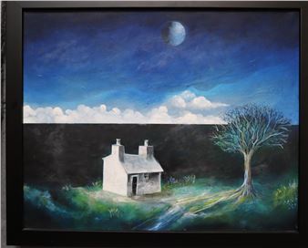 Pembrokeshire cottage in an expansive landscape with full moon. Oils on canvas. 40x50cm approx. Framed. (B.P. 21% + VAT) - Raul Speek