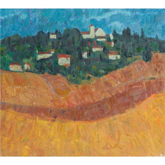 George Devlin | MEDITERRANEAN HARVEST FIELDS WITH HILL TOWN | MutualArt