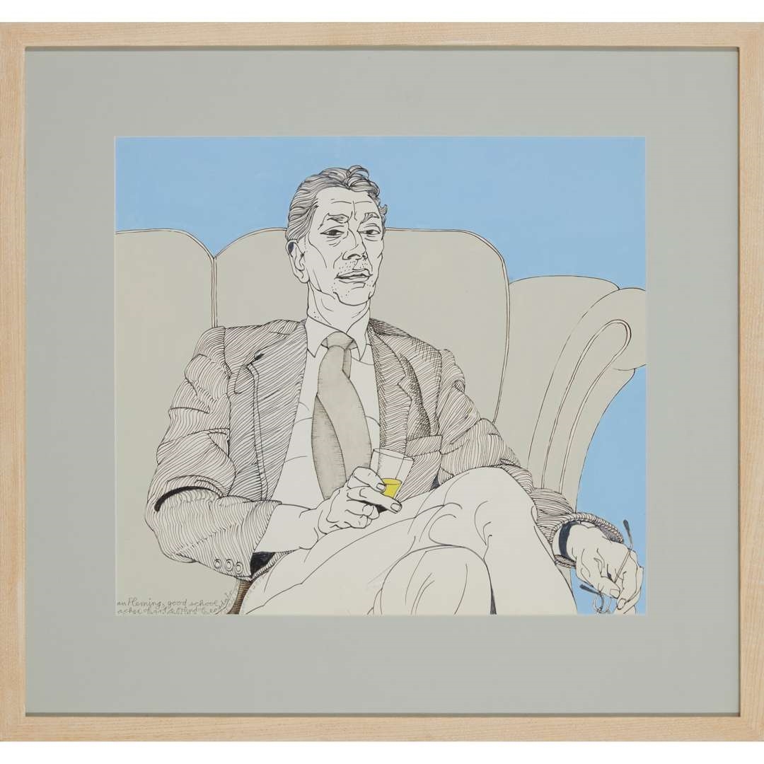 Artwork by Alasdair Gray, IAN FLEMING, GOOD SCHOOL TEACHER OF ART AND FRIEND... - DRAWN 1972, HAND, Made of ink and watercolour