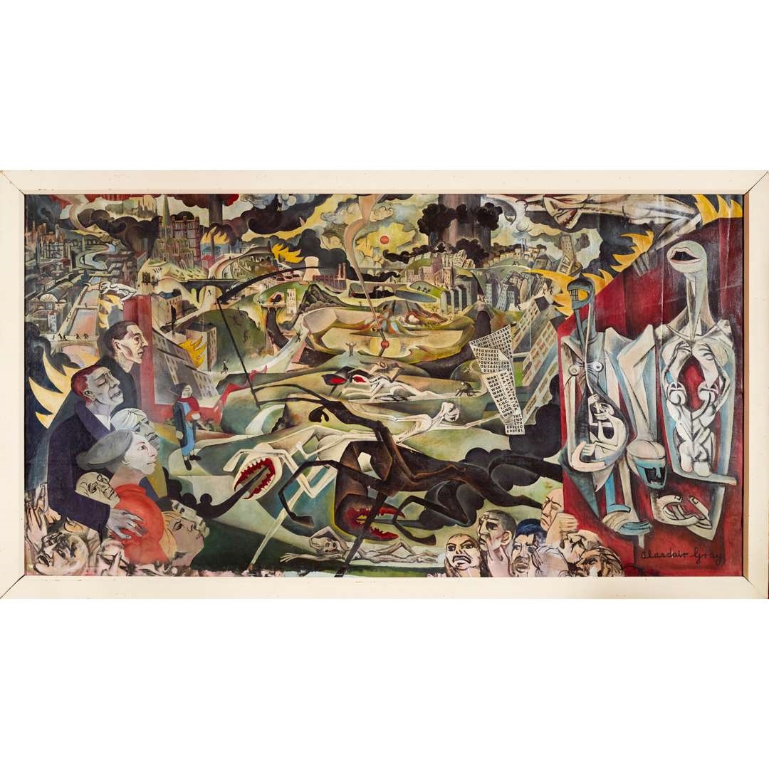 Artwork by Alasdair Gray, GLASGOW TRIUMPH OF DEATH / FALL OF STAR WORMWOOD, Made of oil on canvas