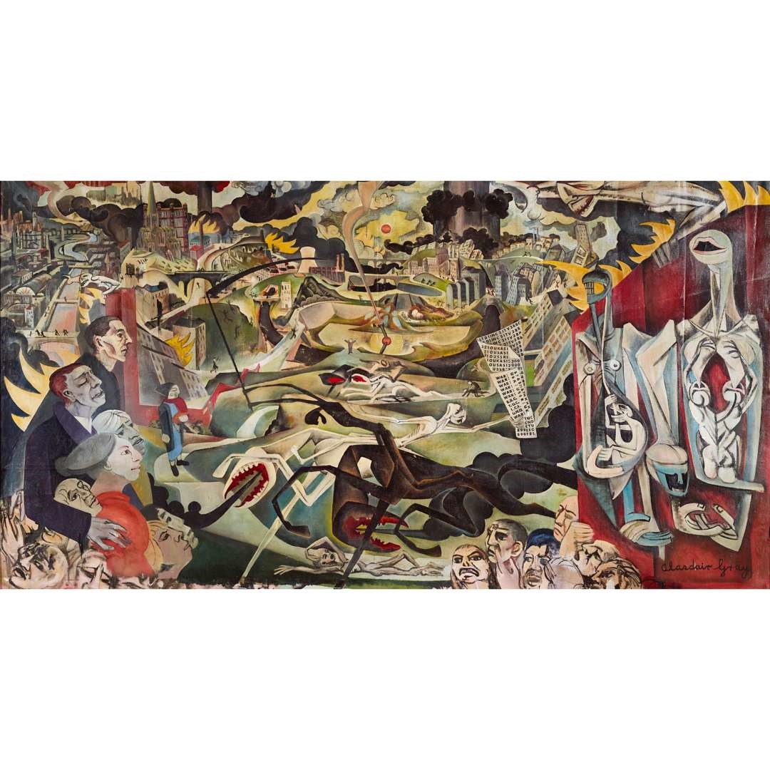 Artwork by Alasdair Gray, GLASGOW TRIUMPH OF DEATH / FALL OF STAR WORMWOOD, Made of oil on canvas