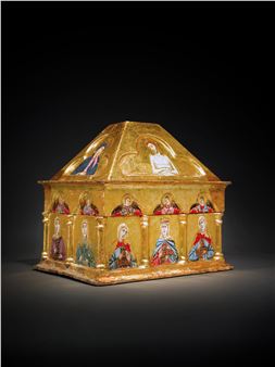 Painted Cassetta with the Vir Dolorum, the Madonna and Saint John the Evangelist, and a Female Saint (Possibly Saint Helena), Ten Female Martyr Saints, and Ten Angels - Grifo di Tancredi