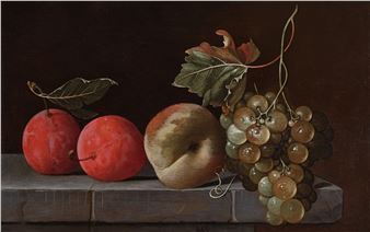 Still life with Grapes, Two Apricots, and a Peach on a Stone Ledge - Monogrammist Hvh