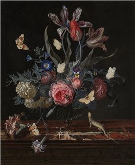 Still Life of Flowers in a Glass Vase with Butterflies and a Lizard on a Marble Ledge - Otto Marseus van Schrieck