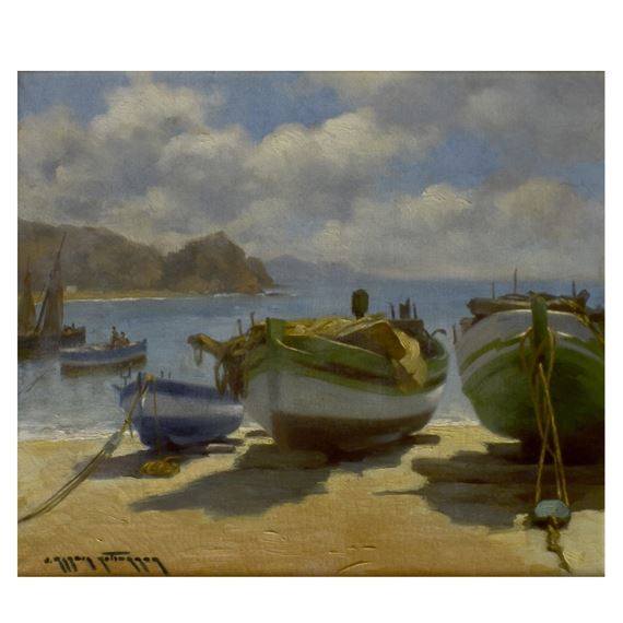 Oil on Canvas Boats Docked at the Beach" Signed Lower Left by Julio Garcia Gutierrez