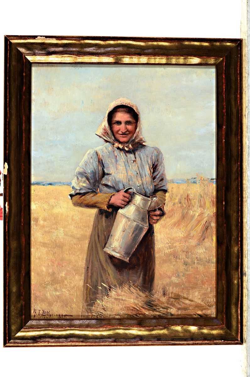 Artwork by Konrad Emmanuel Boehringer, farmer's wife with milk jug in the wheat field, Made of oil/wood