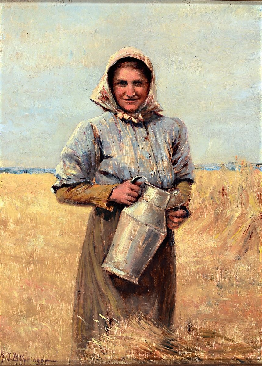 Artwork by Konrad Emmanuel Boehringer, farmer's wife with milk jug in the wheat field, Made of oil/wood