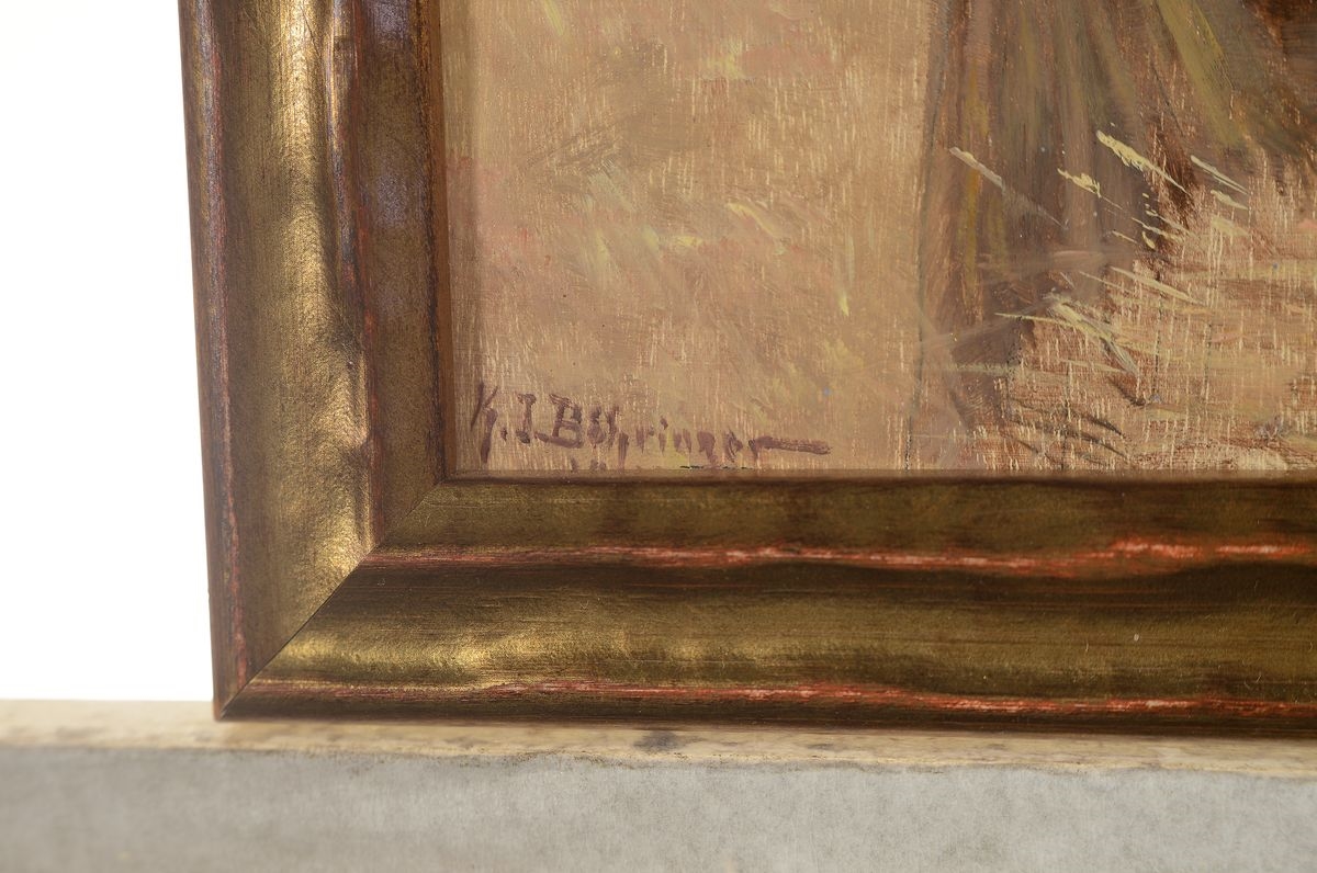 Artwork by Konrad Emmanuel Boehringer, farmer's wife with milk jug in the wheat field, Made of oil/wood