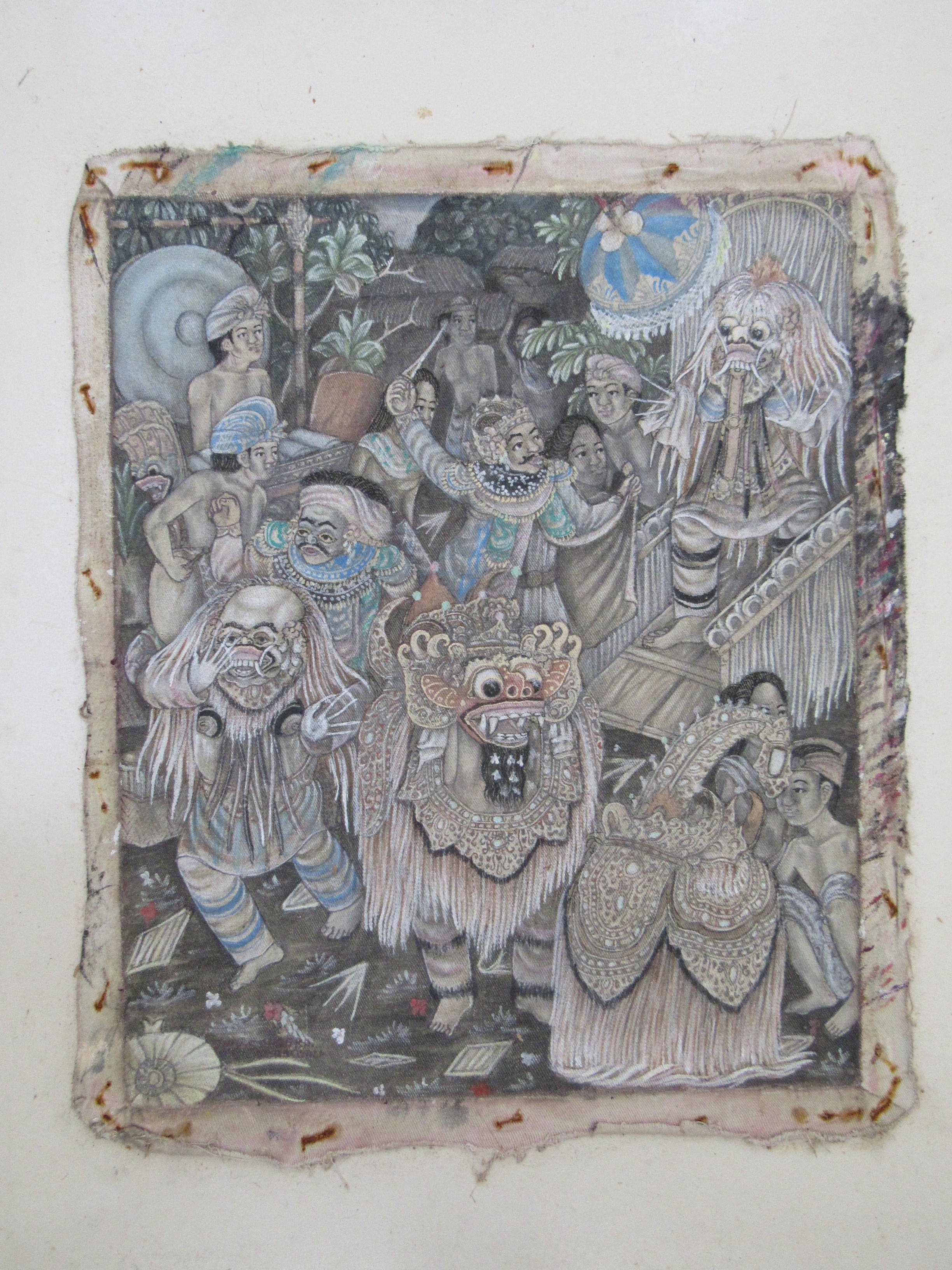 Artwork by Made Sanggra, Stuck to card, traditional Bali figures in costume., Made of oil on canvas