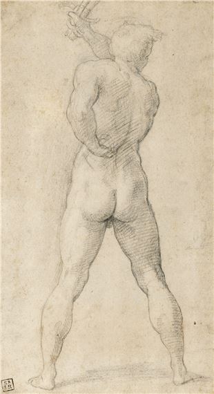 A male nude seen from the back, brandishing a sword by Parmigianino