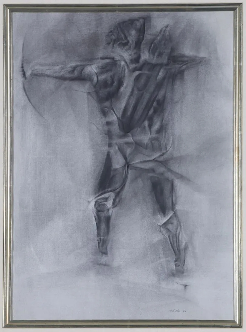 Artwork by Miguel Ángel Argüello, ARCHER (left), Made of charcoal and graphite drawing on paper