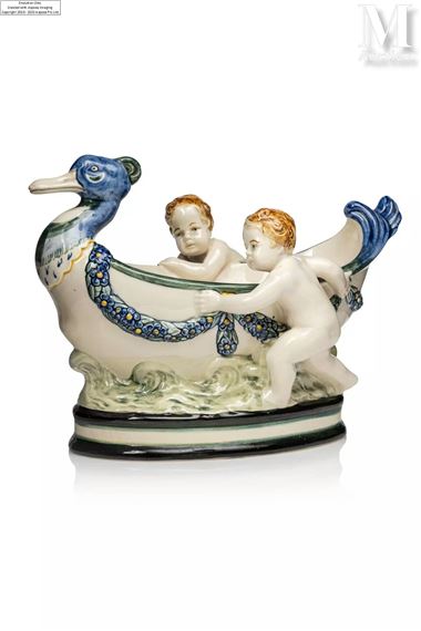 deux putti poussant une barque en forme de canard décorée d'une guirlande de fleurs - Wilhelm Süs