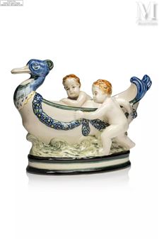 deux putti poussant une barque en forme de canard décorée d'une guirlande de fleurs - Wilhelm Süs