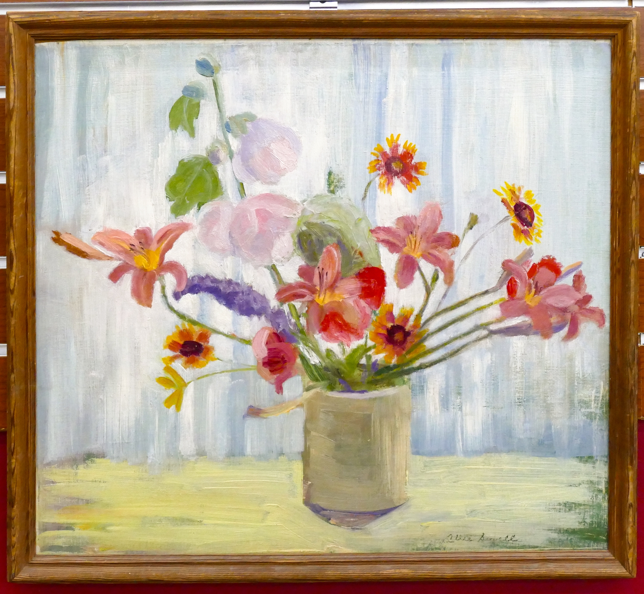 Artwork by Alice Sewall, Alice Sewall ''Floral Still Life'' Oil on Board Framed 20''x22'', Made of Oil on Board