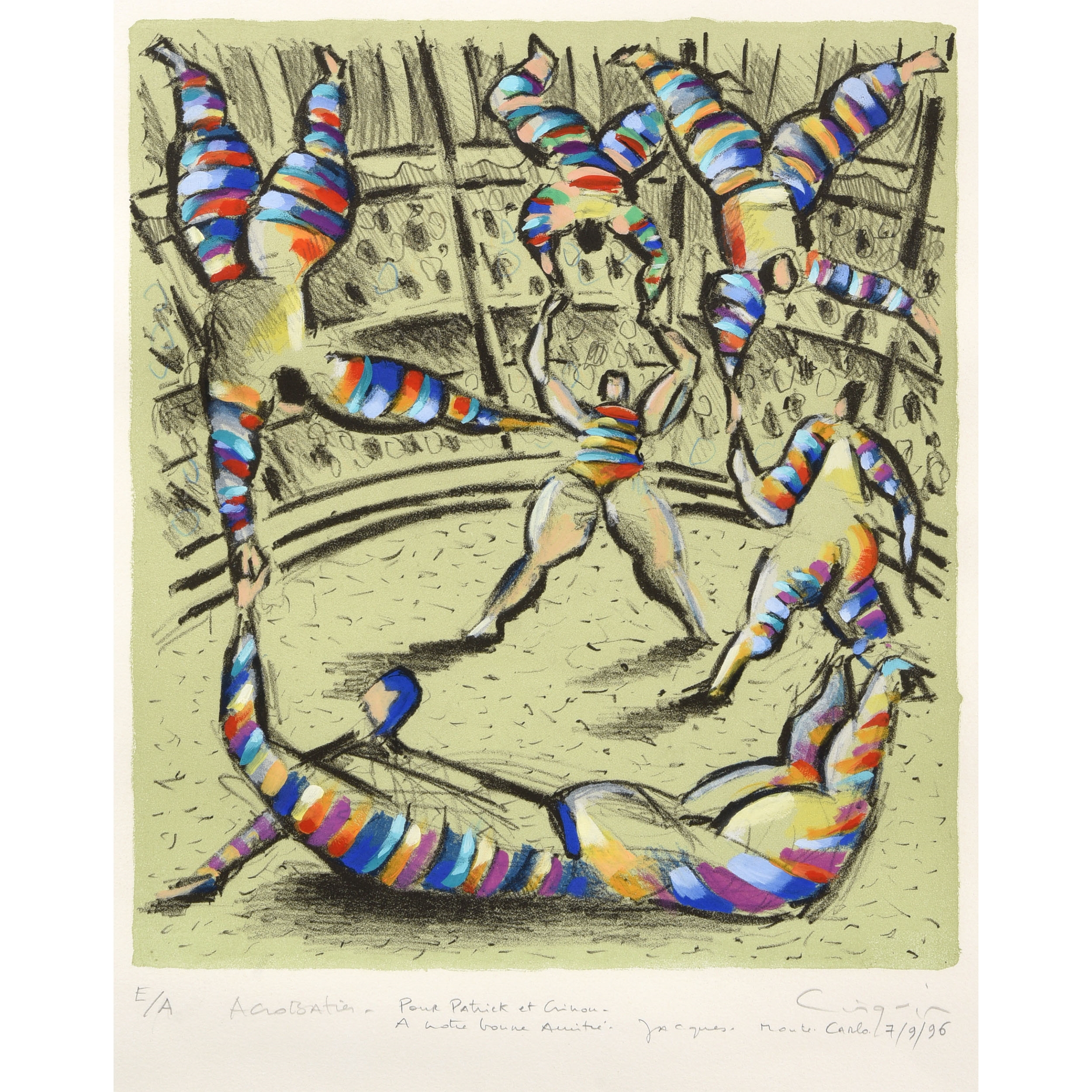 Artwork by Jacques Cinquin, Acrobatics, Made of Color lithograph