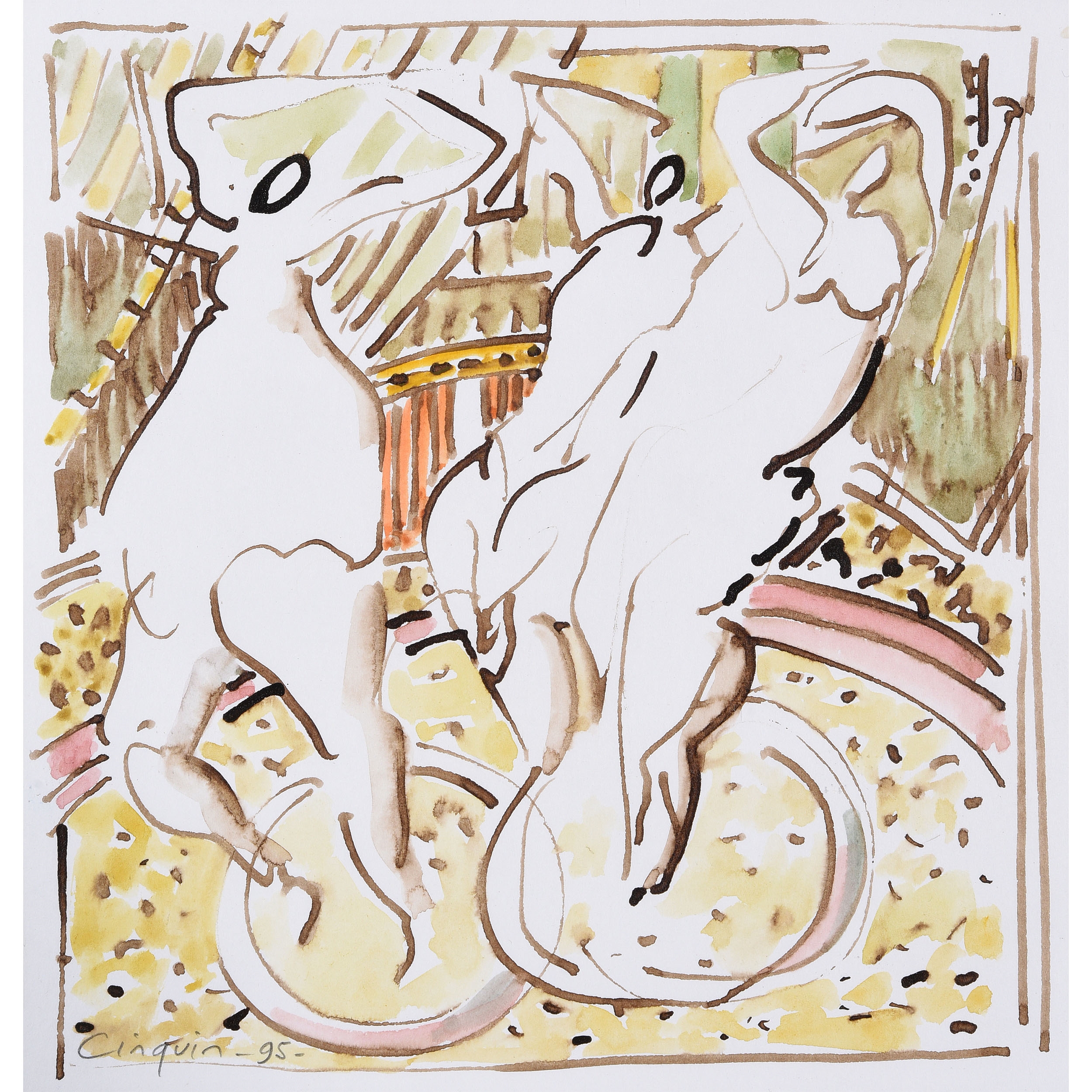 Artwork by Jacques Cinquin, Unicyclists, Made of Watercolor on paper