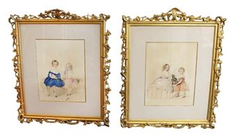 Mrs Mary Ann Musgrave (nee Heaphy fl.1821-1847) Two group portraits of early 19th Century Children - one depicts two children holding kittens, the other two children with their dog watercolour and pencil - Mary Ann Musgrave