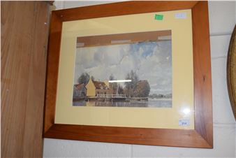 a view across a riverside towards moored boats and buildings - H. Harvey
