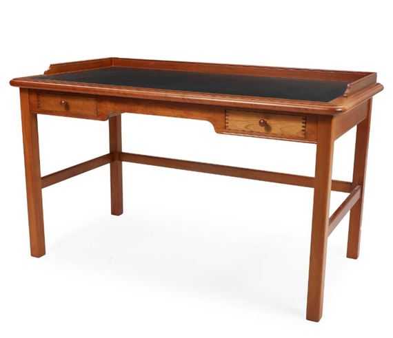 A freestanding cherry wood desk, partly covered with black leather, front with two drawers by Andreas Hansen, 1980s