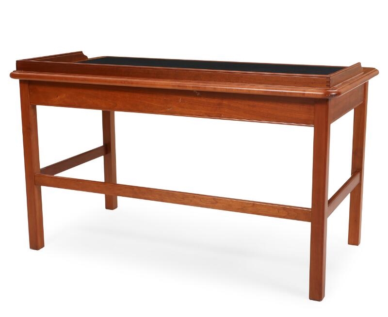 Artwork by Andreas Hansen, A freestanding cherry wood desk, partly covered with black leather, front with two drawers, Made of cherry wood