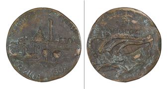 "Moneda conmemorativa Expo Sevilla pabellón de telecomunicaciones" - Jaime Gil Arévalo