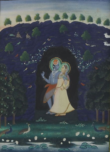 PAINTING OF KRISHNA AND RADHA EMBRACING, Gouache and gold on paper, depicting the divine couple embracing, taking refuge in a cave, with the Yamuna in the foreground, framed by a thick yellow border by Rajasthan School, 19th Century, LATE 19TH CENTURY