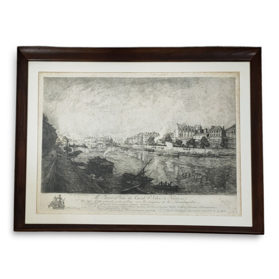 Artwork by René Pinard, Nantes, le miroir d'eau du canal Saint Félix, 1932. Gravure signée et datée en..., Made of mirror