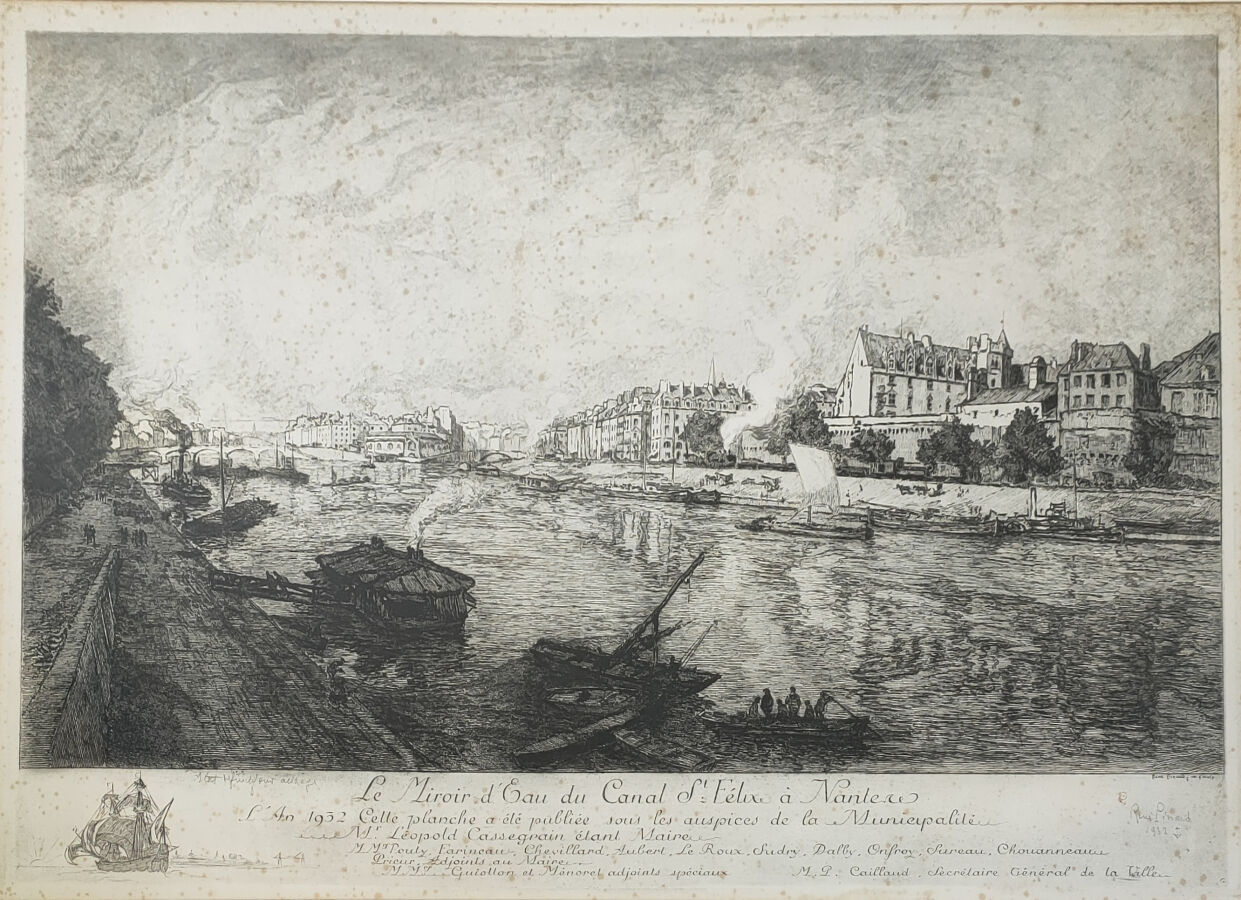 Artwork by René Pinard, Nantes, le miroir d'eau du canal Saint Félix, 1932. Gravure signée et datée en..., Made of mirror