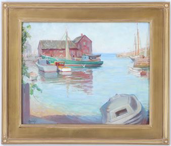 A serene harbor scene featuring a red building, boats in calm water, and soft sunlight reflecting on the surface.