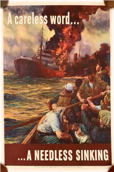 A dramatic propaganda-style painting depicting a shipwreck with figures rowing away in a small boat.