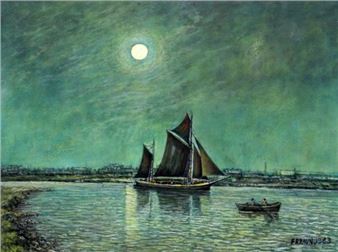 BRAUN, F., 1963. Mondlandschaft mit Segelschiff und Ruderboot. Aquarell signiert und datiert. 24x32cm, Ra. - F. Braun