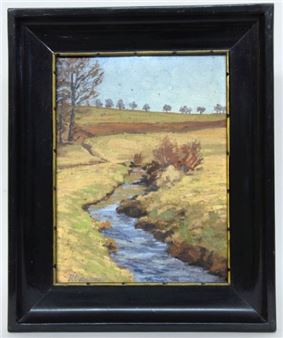 Öl/Karton, signiert. Verso betitelt und mit Datum: 1937. 29,5x22,5, Ra., OSTERMAYER, RUDOLF 1905 ''Bächlein im Vorfrühling, Wolfental bei Biberach'' - Rudolf Ostermaier