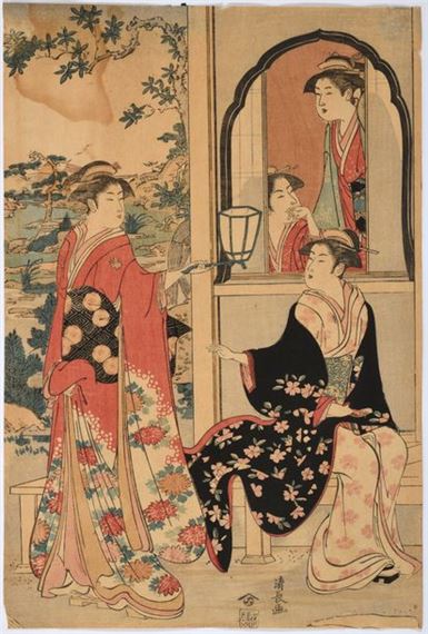 Kiyonaga Torii (1752-1815) Modern version of the story of Ushiwakamaru serenading Jôruri-hime at the entrance to his house Signed Kiyonaga ga. Publisher Nishimuraya. Format oban tate-e, part of triptych: 37.5 x 25.3 cm Yellowed proof, wetness, oxidation. by Torii Kiyonaga