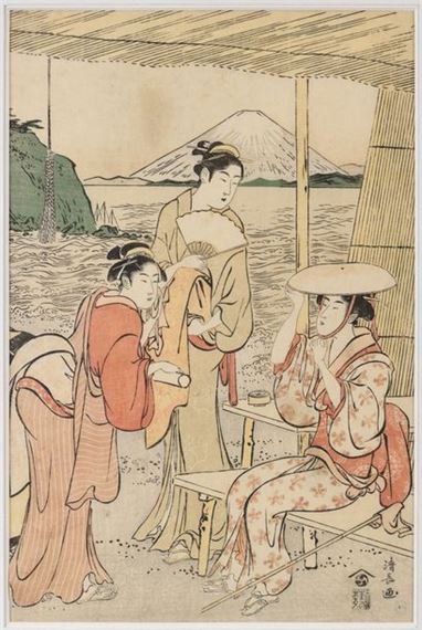 Kiyonaga Torii (1752-1815) Pilgrimage to Enoshima Three women rest outside a teahouse on the banks of the Katase River, facing Enoshima. Date: circa 1789. Signed Kiyonaga ga. Censor seal missing. Publisher Eijudo. Format oban tate-e: 37.7 x 24.6 cm (right leaf of a triptych) Traces of embossing. Framed under glass. Bibliography: Ukiyo-e Shuka, vol. 5, p.162, 184, 185 and 186 repr. triptych - Ukiyo-e Taisei, vol. 6, 122 - Hirano, Kiyonaga A study of his life and works, Museum of Fine Arts, Boston by Torii Kiyonaga, circa 1789