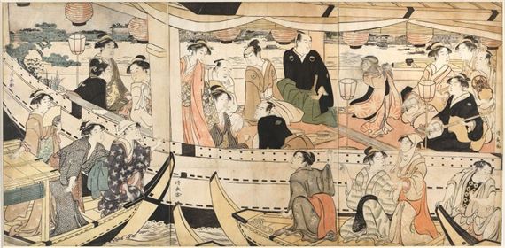 Kiyonaga Torii (1752-1815) Sumidagawa senchu yokyo. Entertainment on a pleasure boat on the Sumida River At dusk, on a large pleasure boat on the Sumida River, the monkey dance is depicted. Two geisha with shamisen and a man with a tsutsumi, a small drum, accompany her. Signed Kiyonaga ga. Tsuruya publisher's stamp. Format oban tate-e: 38.7 x 26.3 cm (triptych) Repair marks on the monkey's head. Originally a little girl dancing with a mask, gloves and socks made of monkey hair. Framed under glas by Torii Kiyonaga