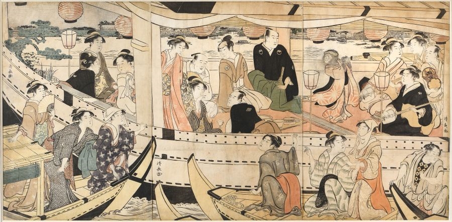 Artwork by Torii Kiyonaga, Kiyonaga Torii (1752-1815) Sumidagawa senchu yokyo. Entertainment on a pleasure boat on the Sumida River At dusk, on a large pleasure boat on the Sumida River, the monkey dance is depicted. Two geisha with shamisen and a man with a tsutsumi, a small drum, accompany her. Signed Kiyonaga ga. Tsuruya publisher's stamp. Format oban tate-e: 38.7 x 26.3 cm (triptych) Repair marks on the monkey's head. Originally a little girl dancing with a mask, gloves and socks made of monkey hair. Framed under glas, Made of oban