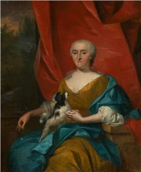 Dreiviertelporträt einer höfischen Dame mit Schoßhund. - Matthys Verheijden