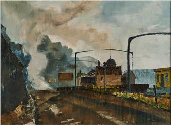 A moody street scene with a domed building and billowing smoke under an overcast sky.