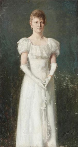Portrait of Louise Lemvigh-Müller wearing a white dress and gold bracelet - Cilius Andersen