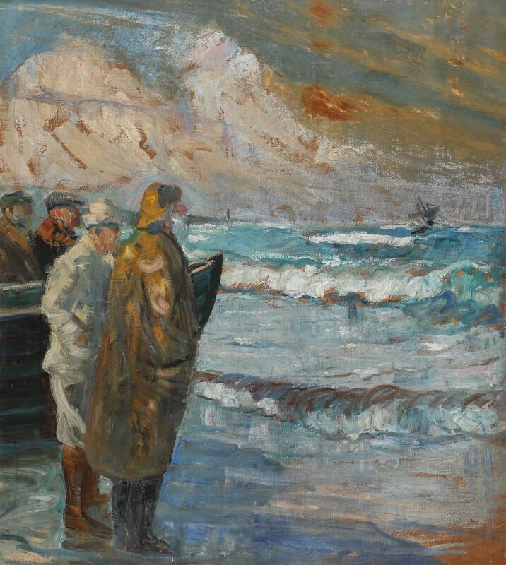 Three persons are looking over the sea at the Danish Skagen Northern Beach, presumeably Holger Drachmann, P - Niels Hansen