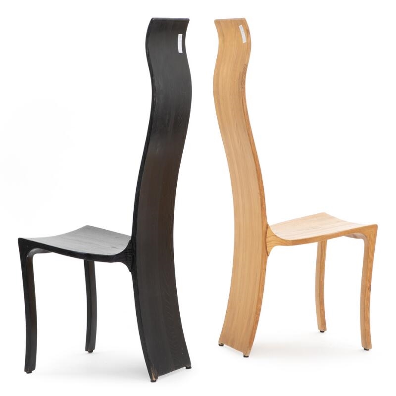 Artwork by Walther Nielsen, Set of six sculptural chairs of solid ash wood, hereof one chair black lacquered, Made of black lacquered